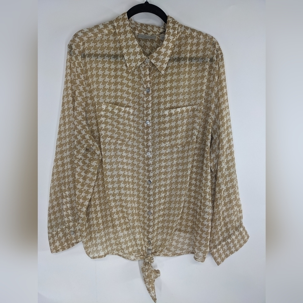 AVENUE Sheer Houndstooth Tie Front Long Sleeve Shirt